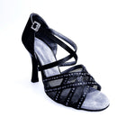 Load image into Gallery viewer, Brigitte QC (1538H) - Black Satin Woman&#39;s Shoe with Mesh and Black Rhinestones
