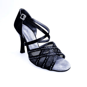 Brigitte QC (1538H) - Black Satin Woman's Shoe with Mesh and Black Rhinestones