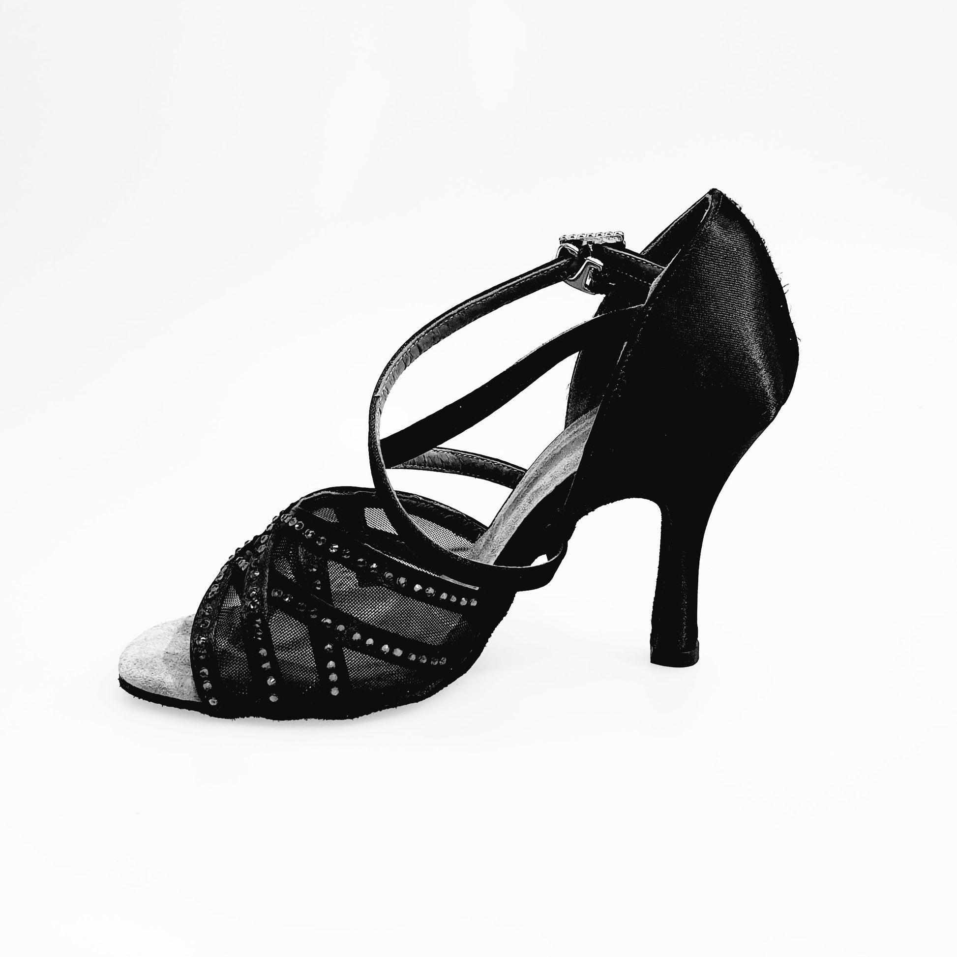 Scarpa da donna Wish Dance Shop Brigitte QC in raso nero con rete e dettagli di strass nero, elegante e raffinata.