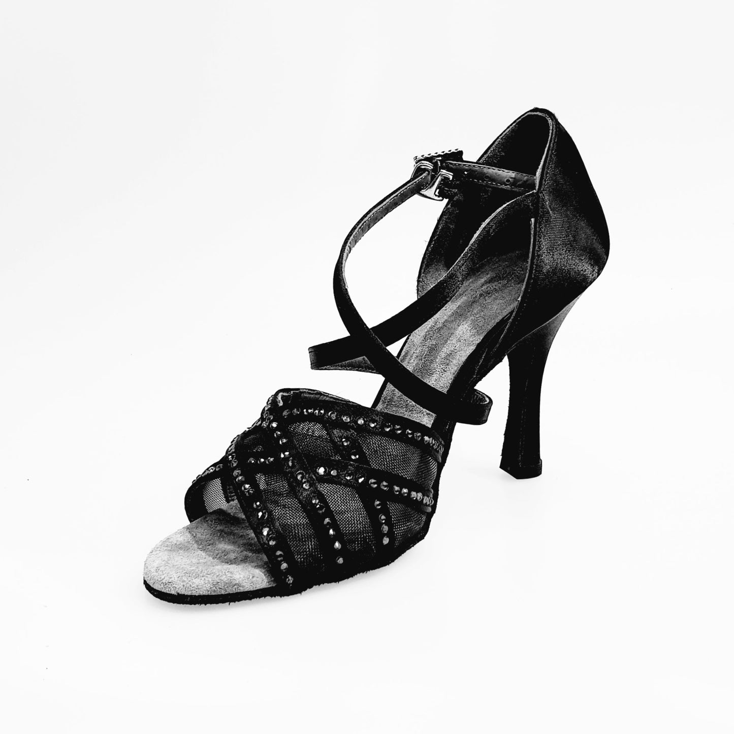 Scarpa da donna Brigitte QC Wish Dance Shop in raso nero con rete e strass nero, elegante e brillante.