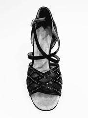 Load image into Gallery viewer, Brigitte QC (1538H) - Black Satin Woman&#39;s Shoe with Mesh and Black Rhinestones
