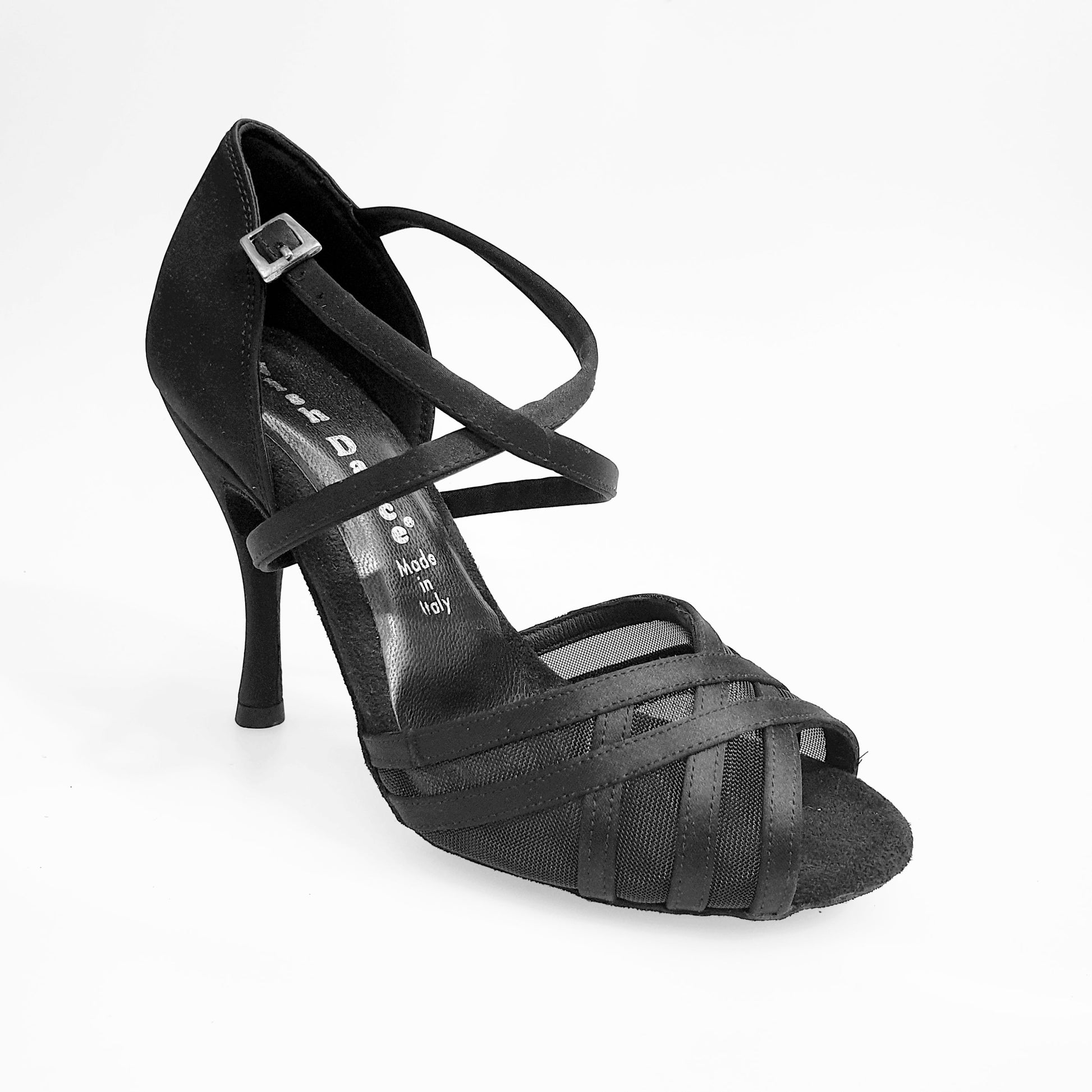 Scarpa da ballo Donna Margarita QC Wish Dance Shop in raso seta nero con retina, cinturino incrociato e tacco spillo.