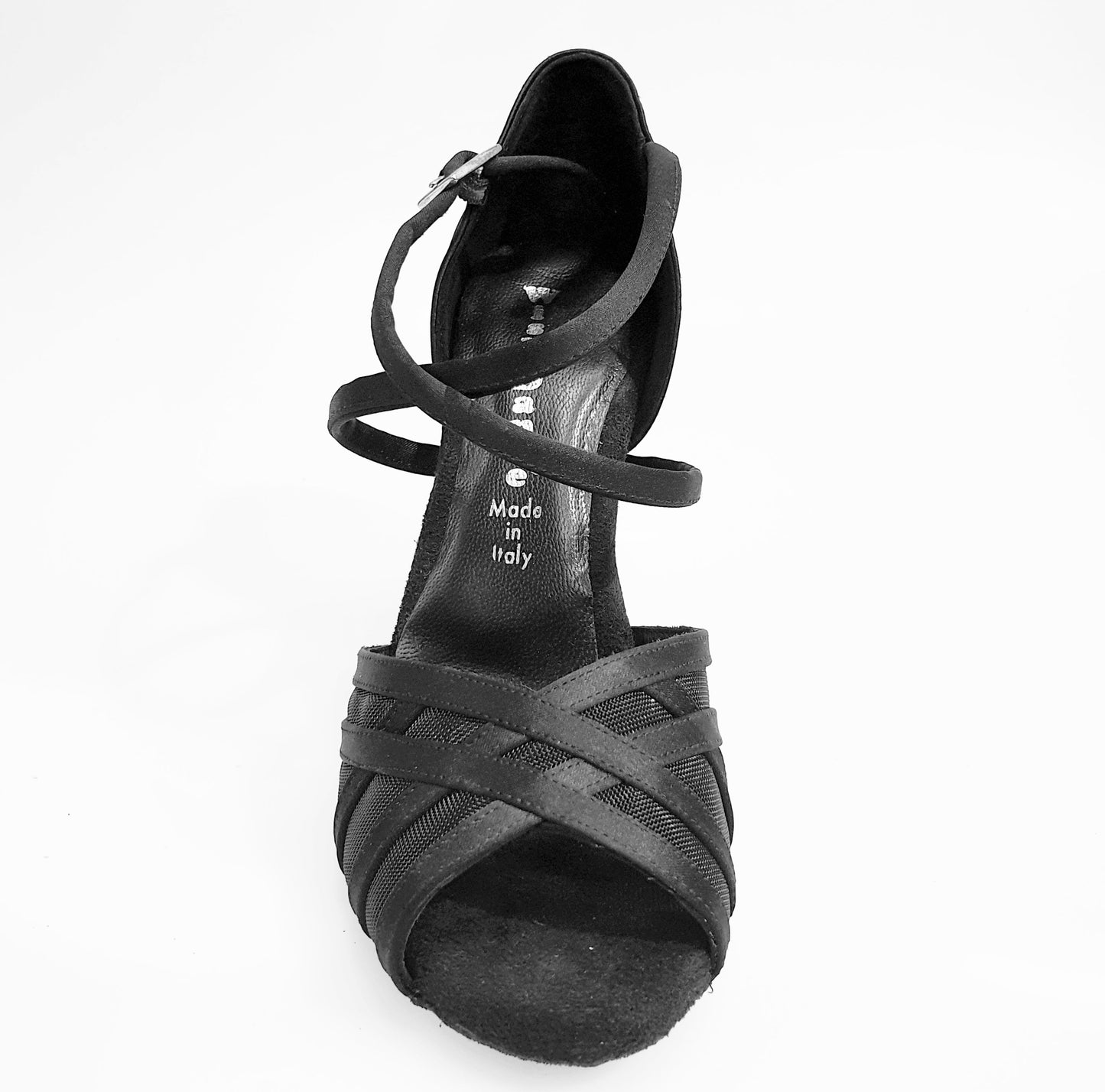 Scarpa da ballo Margarita QC Wish Dance Shop con retina in raso seta nero, cinturino incrociato e tacco a spillo.
