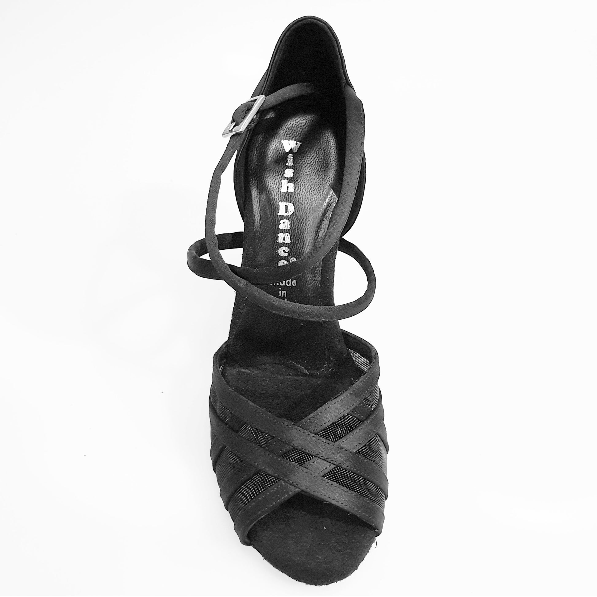 Scarpa da ballo Margarita QC Wish Dance Shop con retina, raso in seta nera, cinturino incrociato e tacco spillo per donna