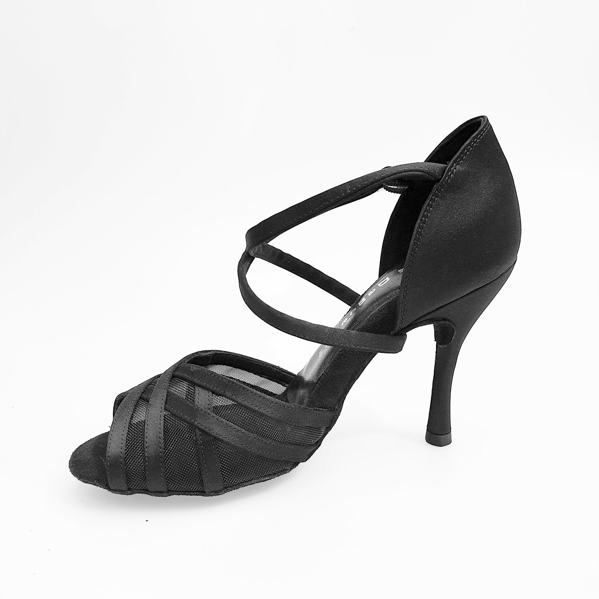 Scarpa da ballo donna Margarita QC Wish Dance Shop, raso seta nero, retina, cinturino incrociato e tacco spillo.