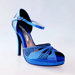Carica immagine nella Galleria, Alexa (LP4) - Scarpa da Ballo in Raso Seta Blu Royal con Swarovski Celeste e Blu con Tacco Alto a Spillo Largo
