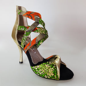 Zoya (359 Semba) - Women's Sandal in Golden Wax Green / Orange Semba Traditional fabric