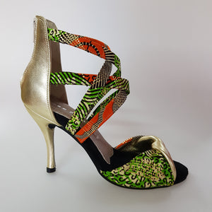 Zoya (359 Semba) - Women's Sandal in Golden Wax Green / Orange Semba Traditional fabric