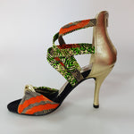 Load image into Gallery viewer, Zoya (359 Semba) - Women&#39;s Sandal in Golden Wax Green / Orange Semba Traditional fabric
