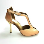 Carica immagine nella Galleria, ELIDE (401) - Scarpa da Donna in Raso Seta Carne con Tacco a Stiletto squadrato sottile laminato Oro
