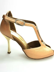 Carica immagine nella Galleria, ELIDE (401) - Scarpa da Donna in Raso Seta Carne con Tacco a Stiletto squadrato sottile laminato Oro
