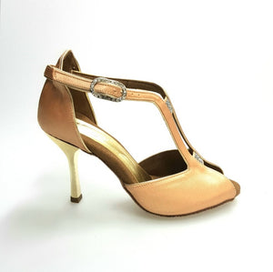 Fascino (401) - Woman's Shoe in Nude Silk Satin with Thin Square Stiletto Heel laminated Gold