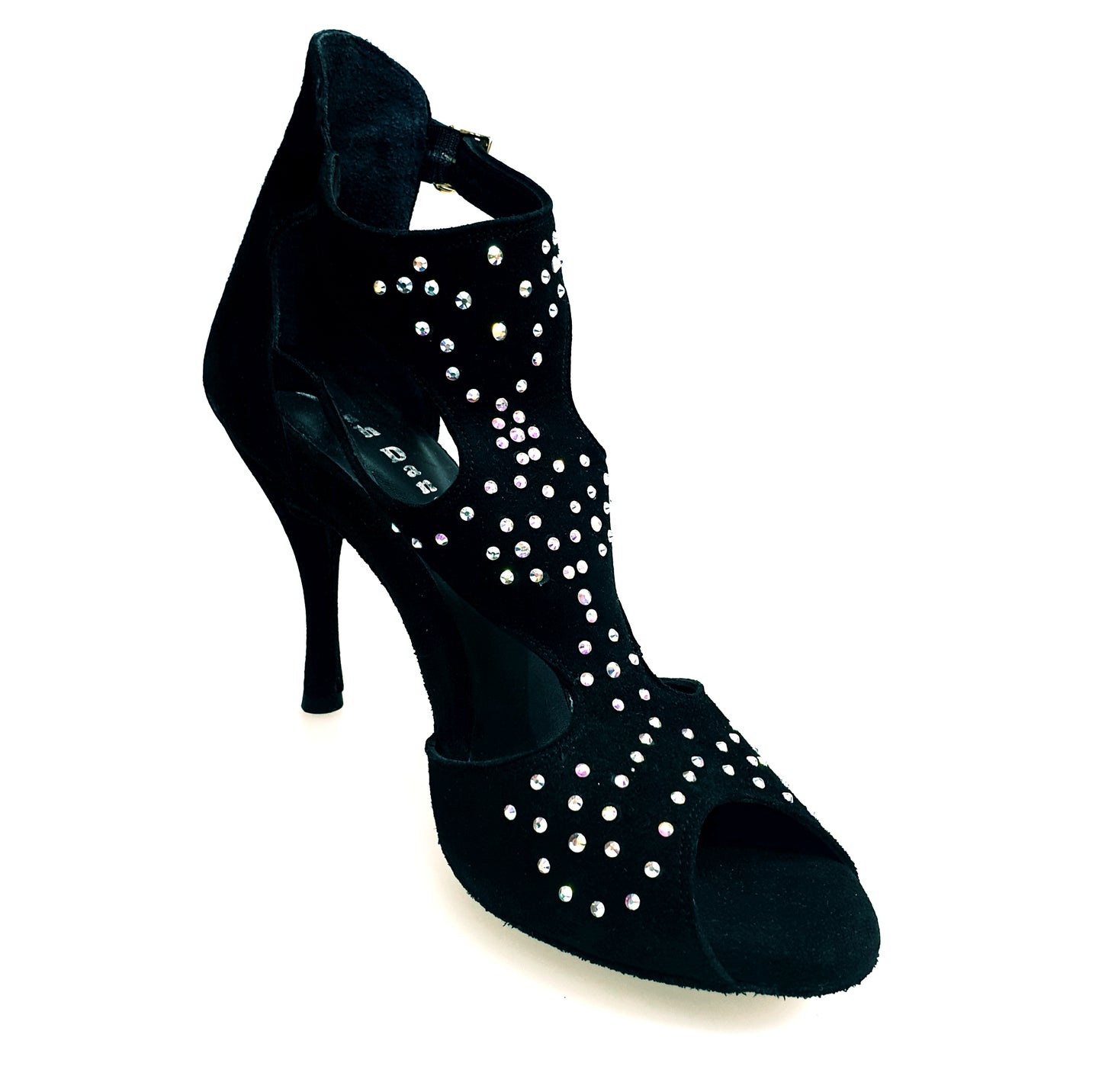 Sandalo donna Anna SW in camoscio nero con dettagli Swarovski, scarpe eleganti e sofisticate, vista frontale.