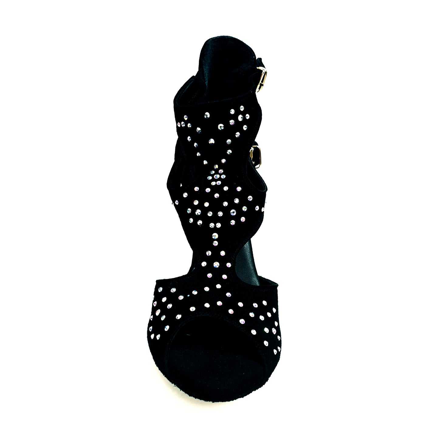 Sandalo da donna Anna SW in camoscio nero con dettagli Swarovski, elegante e raffinato, prodotto da Wish Dance Shop.