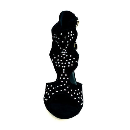 Sandalo da donna Anna SW in camoscio nero con dettagli Swarovski, elegante e raffinato, prodotto da Wish Dance Shop.