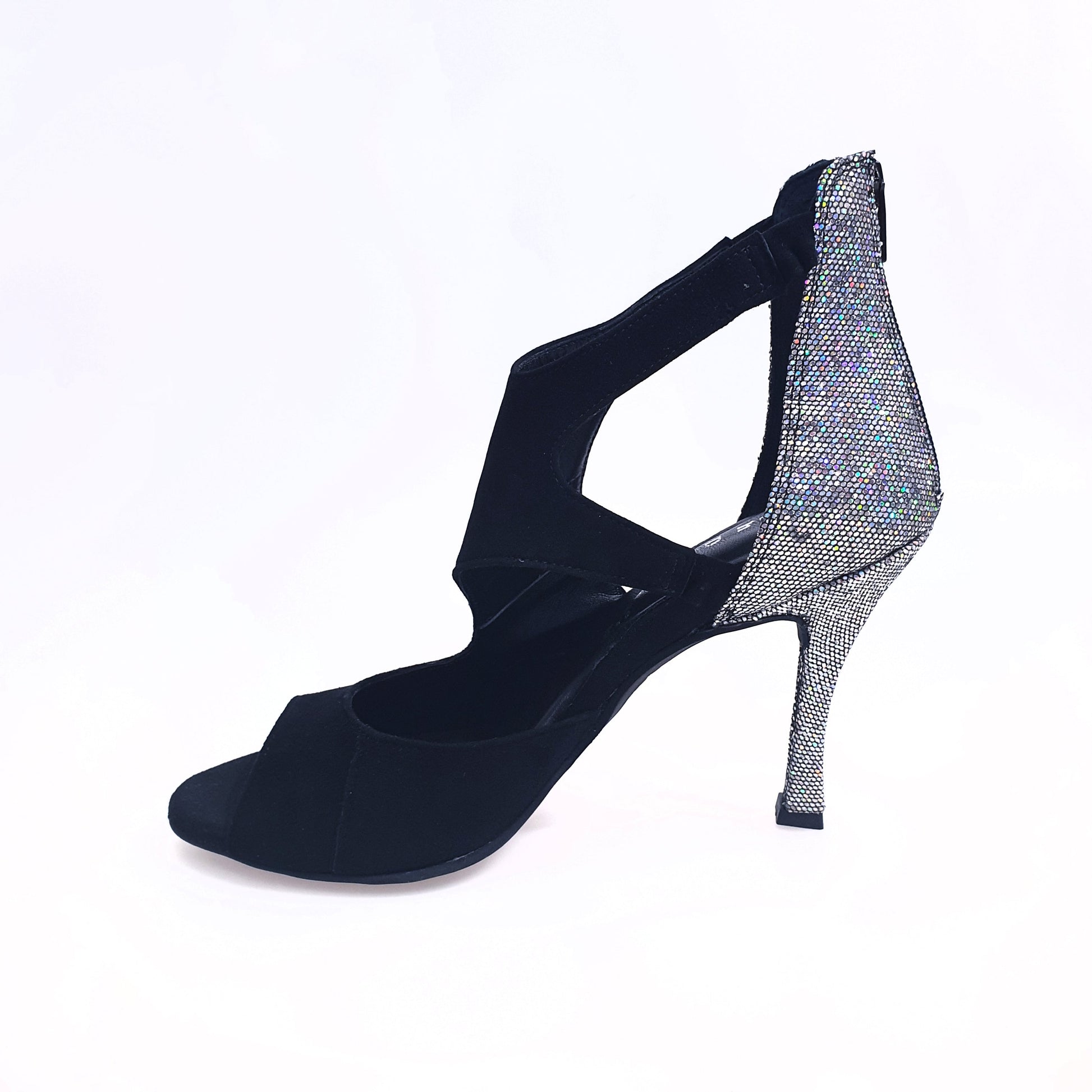 Sandalo donna Desiré in camoscio nero e multicolor Boreale argento, scarpa elegante con cinturino e dettagli colorati.
