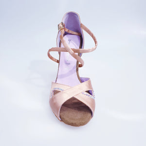 Gravity SW QC (32QC) - Women's Satin Silk Flesh Shoe with Swarovski Stick Design Crossed Instep Strap