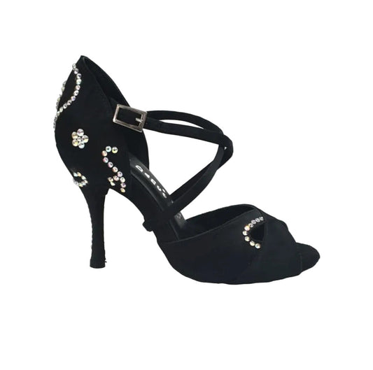 Scarpa donna Gravity SW QC Wish Dance Shop in raso seta nera con Swarovski, cinturino incrociato e dettaglio sul collopiede