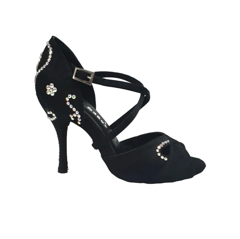 Scarpa donna Gravity SW QC Wish Dance Shop in raso seta nera con Swarovski, cinturino incrociato e dettaglio sul collopiede