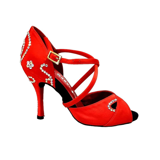 Scarpa donna Gravity SW QC in raso di seta rosso con Swarovski, cinturino incrociato e design elegante sul collopiede.