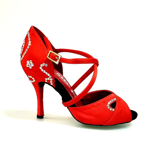 Gravity SW QC (32QC) - Women's Red Silk Satin Shoe with Swarovski Stick Design Crossed Instep Strap