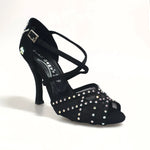 Load image into Gallery viewer, Eveline QC (1538QC) SW - Ladies Dance Shoes With Net in Black Silk Satin With crossed straps on the instep and Swarovski Boreal Fantasy Design
