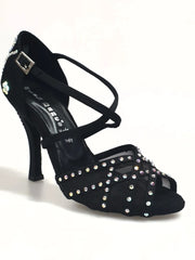 Carica immagine nella Galleria, Eveline QC (1538QC) SW - Scarpa Ballo Da Donna Con Retina in Raso Seta Nera Con cinturini incrociati sul collopiede  e Swarovski Boreali Disegno Fantasy
