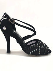 Carica immagine nella Galleria, Eveline QC (1538QC) SW - Scarpa Ballo Da Donna Con Retina in Raso Seta Nera Con cinturini incrociati sul collopiede  e Swarovski Boreali Disegno Fantasy
