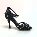 Load image into Gallery viewer, LUENIA QB Plus (45QB) - Scarpa da Ballo da Donna in Raso Seta Nero con 5 strisce Senza Rete cinturino incrociato alla caviglia e Swarovski Disegno Fantasy Tacco a Rocchettino
