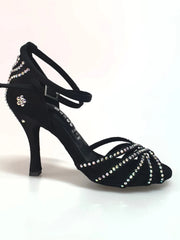 Carica immagine nella Galleria, LUENIA QB Plus (45QB) - Scarpa da Ballo da Donna in Raso Seta Nero con 5 strisce Senza Rete cinturino incrociato alla caviglia e Swarovski Disegno Fantasy Tacco a Rocchettino
