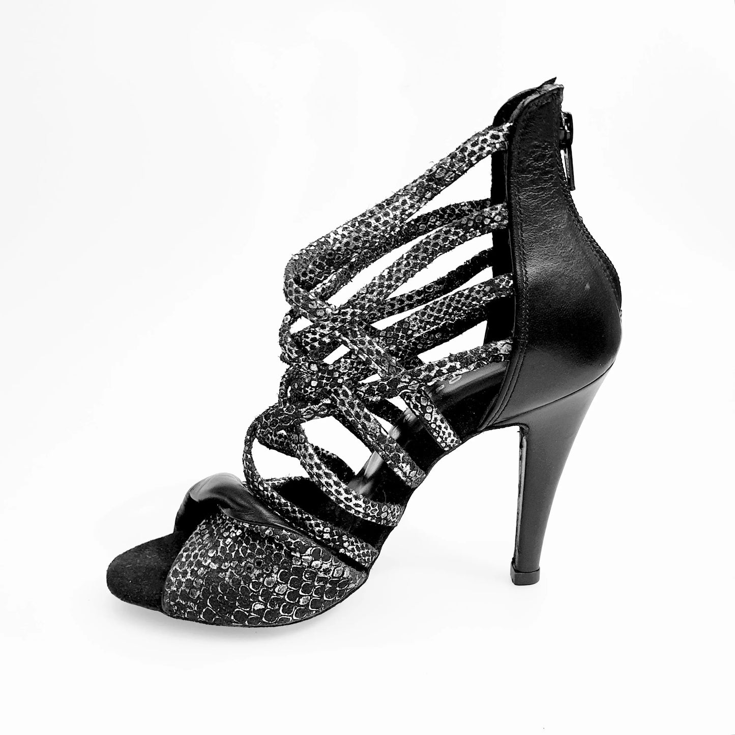 Sandalo donna Wishdance Natalia (360) in pitone argento con tacco alto a spillo e tallone in pelle nera, scarpa elegante e sofisticata.