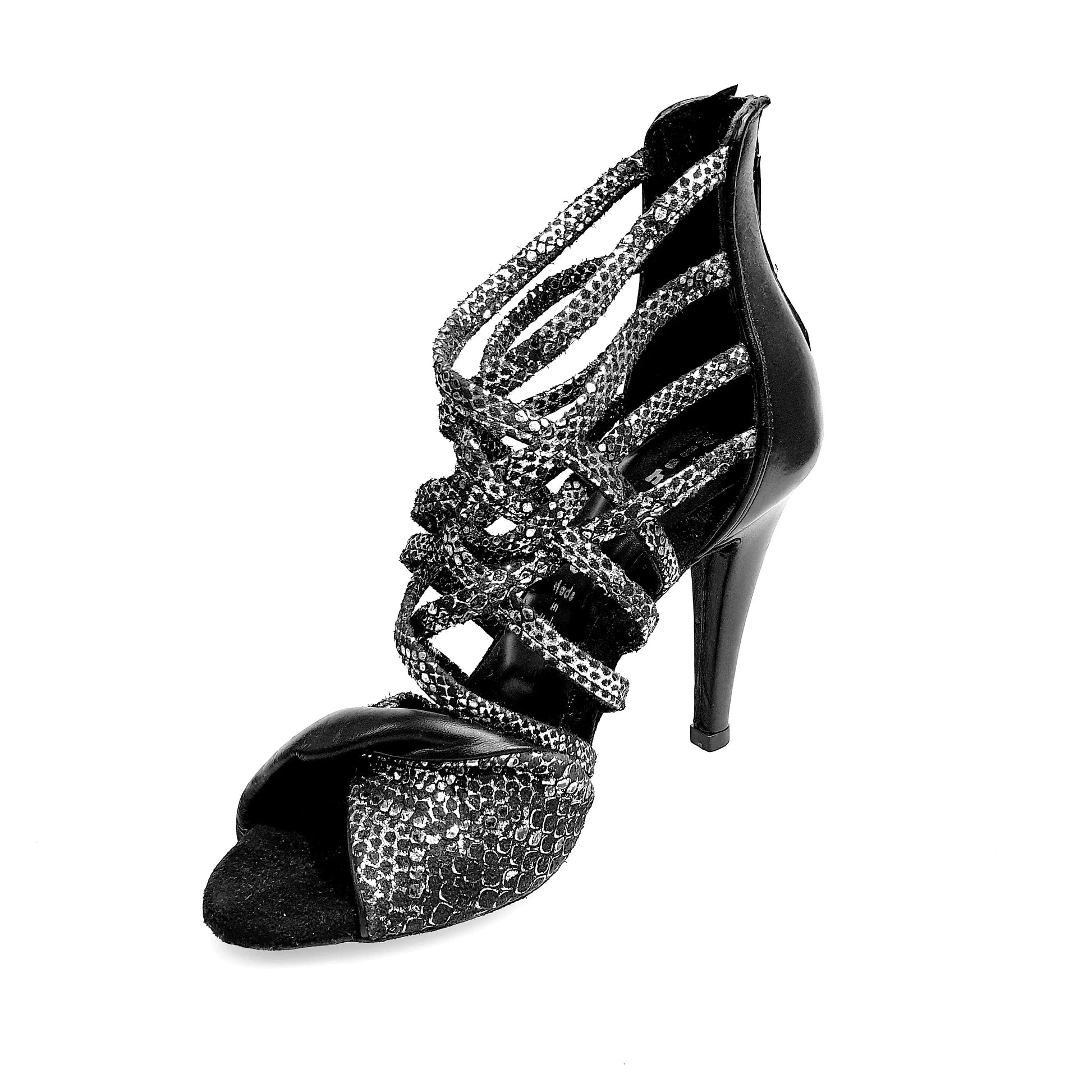 Sandalo alto Wishdance Natalia (360) in pitone argento, con tacco a spillo largo e dettagli in pelle nera.