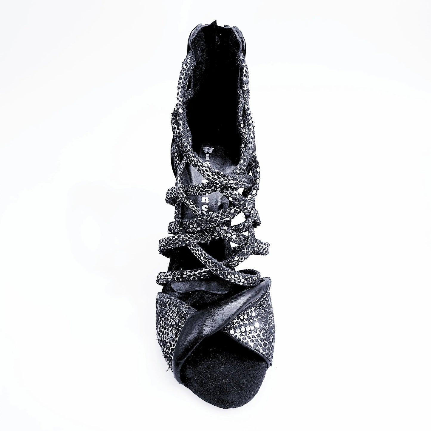 Sandalo alto Wishdance Natalia (360) in pitone argento con tacco a spillo e tallone in pelle nera, scarpa donna elegante.