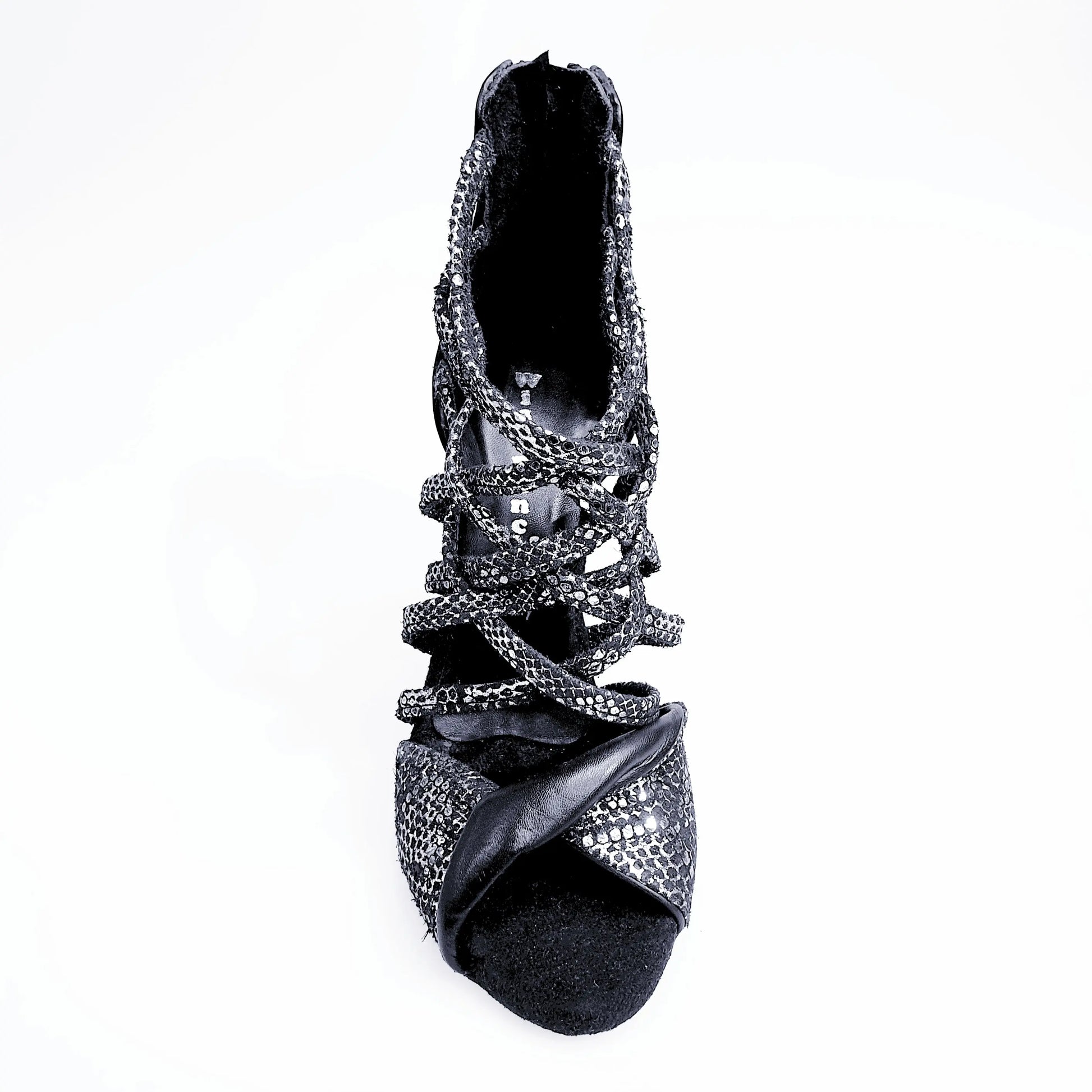 Sandalo alto Wishdance Natalia (360) in pitone argento con tacco a spillo e tallone in pelle nera, scarpa donna elegante.