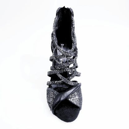 Sandalo alto Wishdance Natalia (360) in pitone argento con tacco a spillo e tallone in pelle nera, scarpa donna elegante.