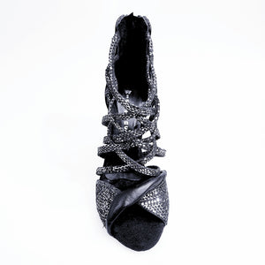 Natalia (360) - Sandalo Alto da Donna in Pitone Silver con tacco e tallone in Pelle Nera Tacco alto a Spillo largo