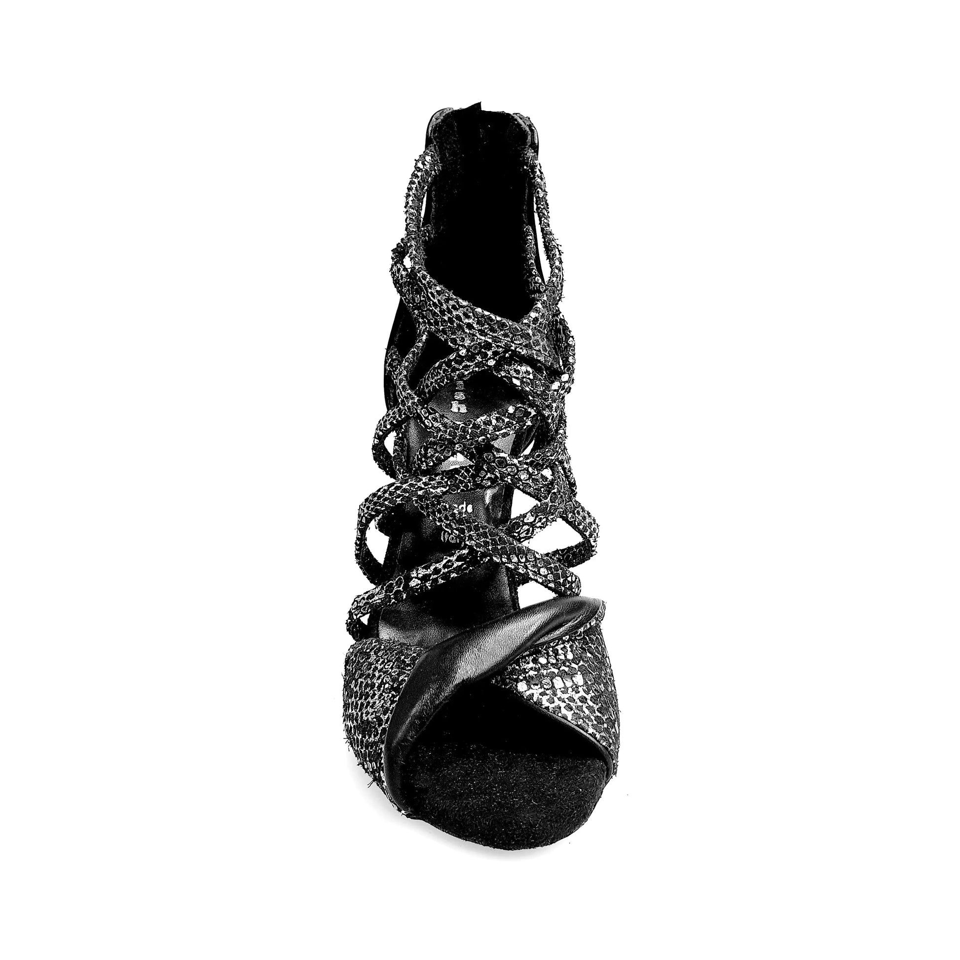 Sandalo donna Wishdance Natalia (360) in pitone argento con tacco alto a spillo e tallone in pelle nera, elegante e sofisticato.
