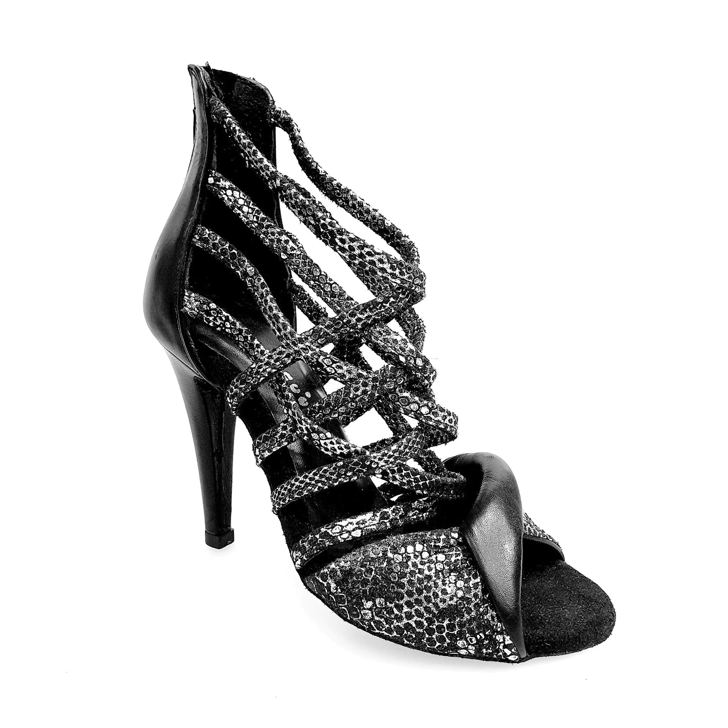 Sandalo alto da donna Wishdance Natalia (360) in pitone silver con tacco a spillo largo e tallone in pelle nera.