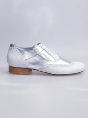 Carica immagine nella Galleria, Adone (MS14) - Stringata Coda di Rondine Mod. Oxford Brogue Scarpa in Pelle Bianca e Pelle Argento Forma Tonda Wish Dance Shop