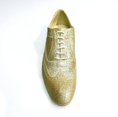 Scarpa da uomo Wish Dance Shop Richard MS14 Oxford Brogue glitter oro, forma lunga, con cuciture a coda di rondine.