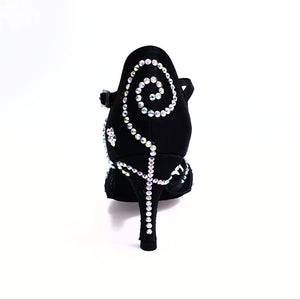 Infinity Plus (BI-Flex) - Woman's Shoe in Black Silk Satin with Swarovski Papal Stick Design and Extraflex Competition Bottom