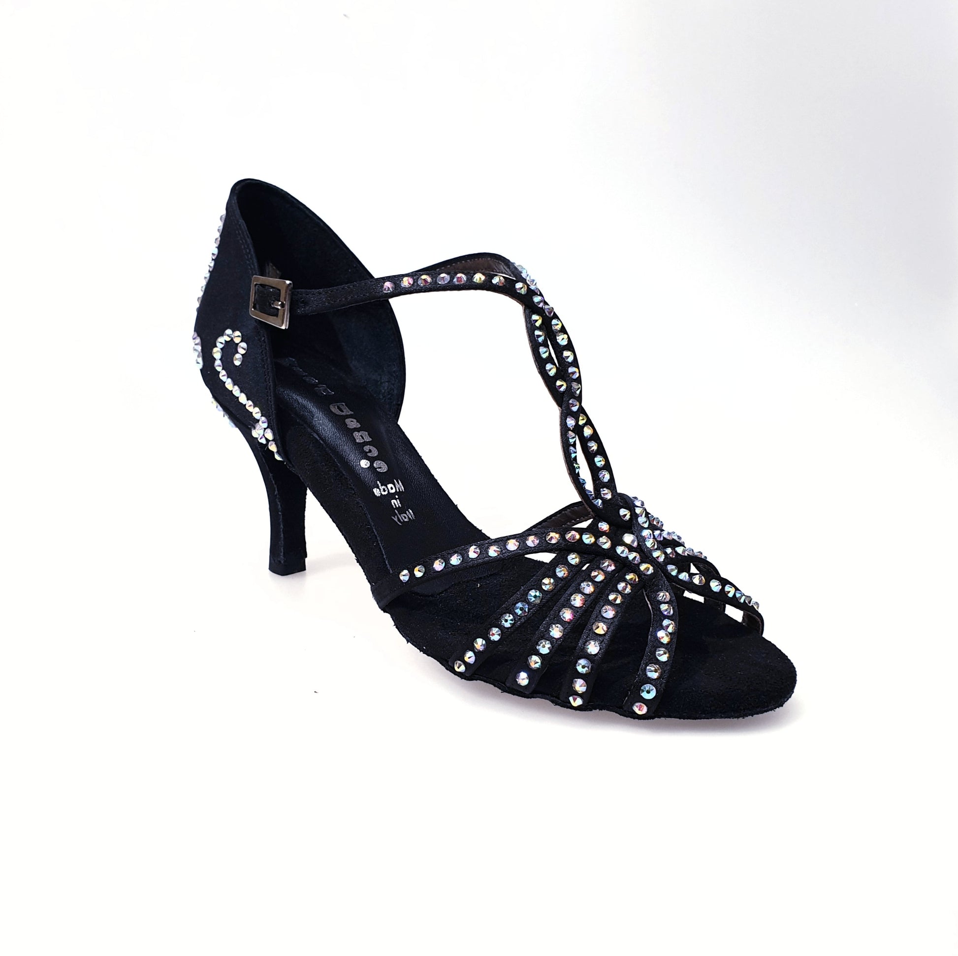 Scarpa da donna Infinity Plus (BI-Flex) in raso di seta nero con Swarovski, disegno bastone papale e suola extraflex per competizione