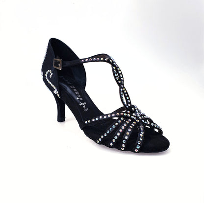 Scarpa da donna Infinity Plus (BI-Flex) in raso di seta nero con Swarovski, disegno bastone papale e suola extraflex per competizione