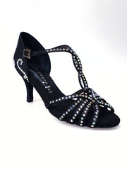 Load image into Gallery viewer, Infinity Plus (BI-Flex) - Woman&#39;s Shoe in Black Silk Satin with Swarovski Papal Stick Design and Extraflex Competition Bottom
