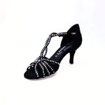 Load image into Gallery viewer, Infinity Plus (BI-Flex) - Woman&#39;s Shoe in Black Silk Satin with Swarovski Papal Stick Design and Extraflex Competition Bottom
