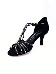 Load image into Gallery viewer, Infinity Plus (BI-Flex) - Woman&#39;s Shoe in Black Silk Satin with Swarovski Papal Stick Design and Extraflex Competition Bottom

