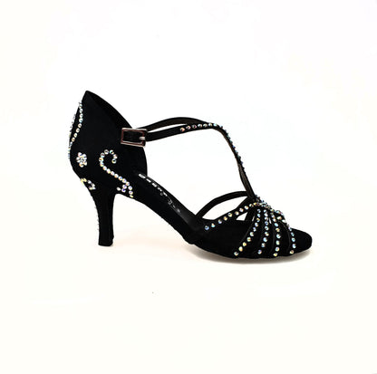 Scarpa da donna Infinity Plus (BI-Flex) in raso seta nero con Swarovski, disegno bastone papale e suola extraflex per danza.