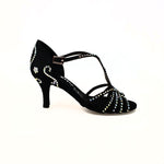 Load image into Gallery viewer, Infinity Plus (BI-Flex) - Woman&#39;s Shoe in Black Silk Satin with Swarovski Papal Stick Design and Extraflex Competition Bottom
