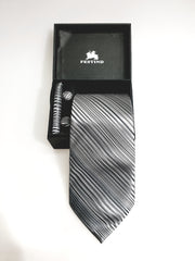 Load image into Gallery viewer, Zeno Scrigno - Set Completo Cravatta Pochette e Gemelli a righe Grigio/Silver
