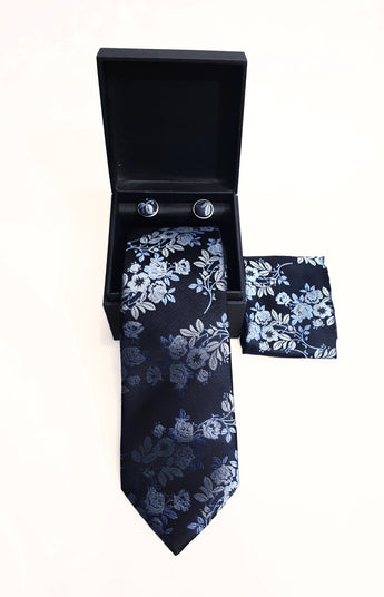 Vogue Scrigno - Set Completo Cravatta Pochette e Gemelli Stoffa in Seta Blu Navy con Ricami Disegno Roselline Blu/Celeste/Grigio
